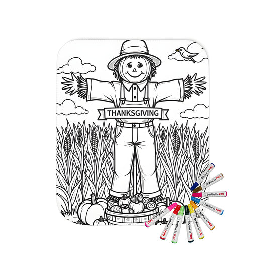 Thanksgiving blanket coloring kit fabric marker design, fall harvest quilt with scarecrow and pumpkins
