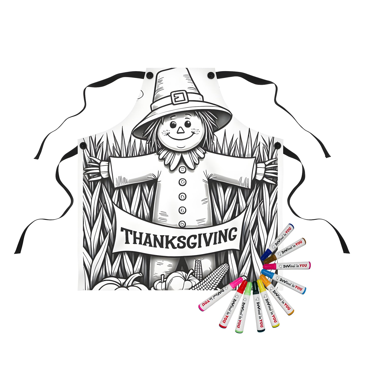 Autumn apron design featuring a black and white scarecrow holding a harvest banner amidst pumpkins and corn, perfect for Fall festivities like Harvest Home or Friendsgiving gatherings.
