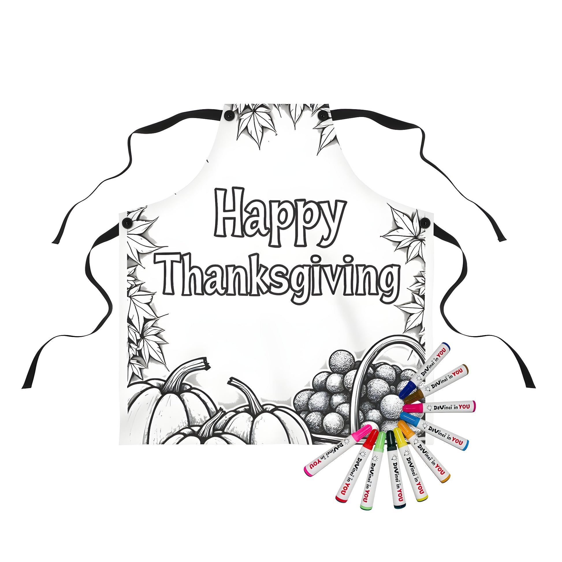 Colorful apron with Fall design, pumpkins, fruits and leaves, perfect for Thanksgiving family gatherings