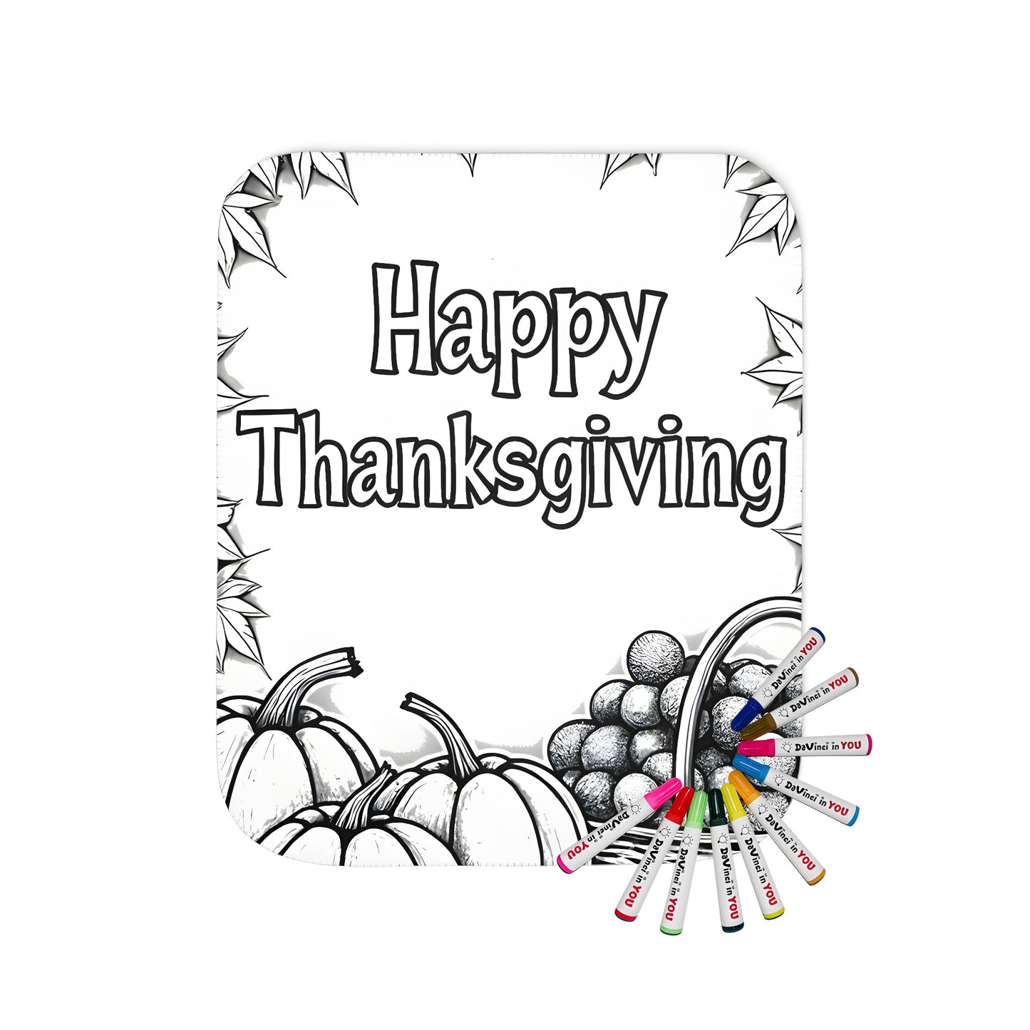 Cozy blanket with autumnal design featuring happy thanksgiving theme, pumpkins, fruits and leaves