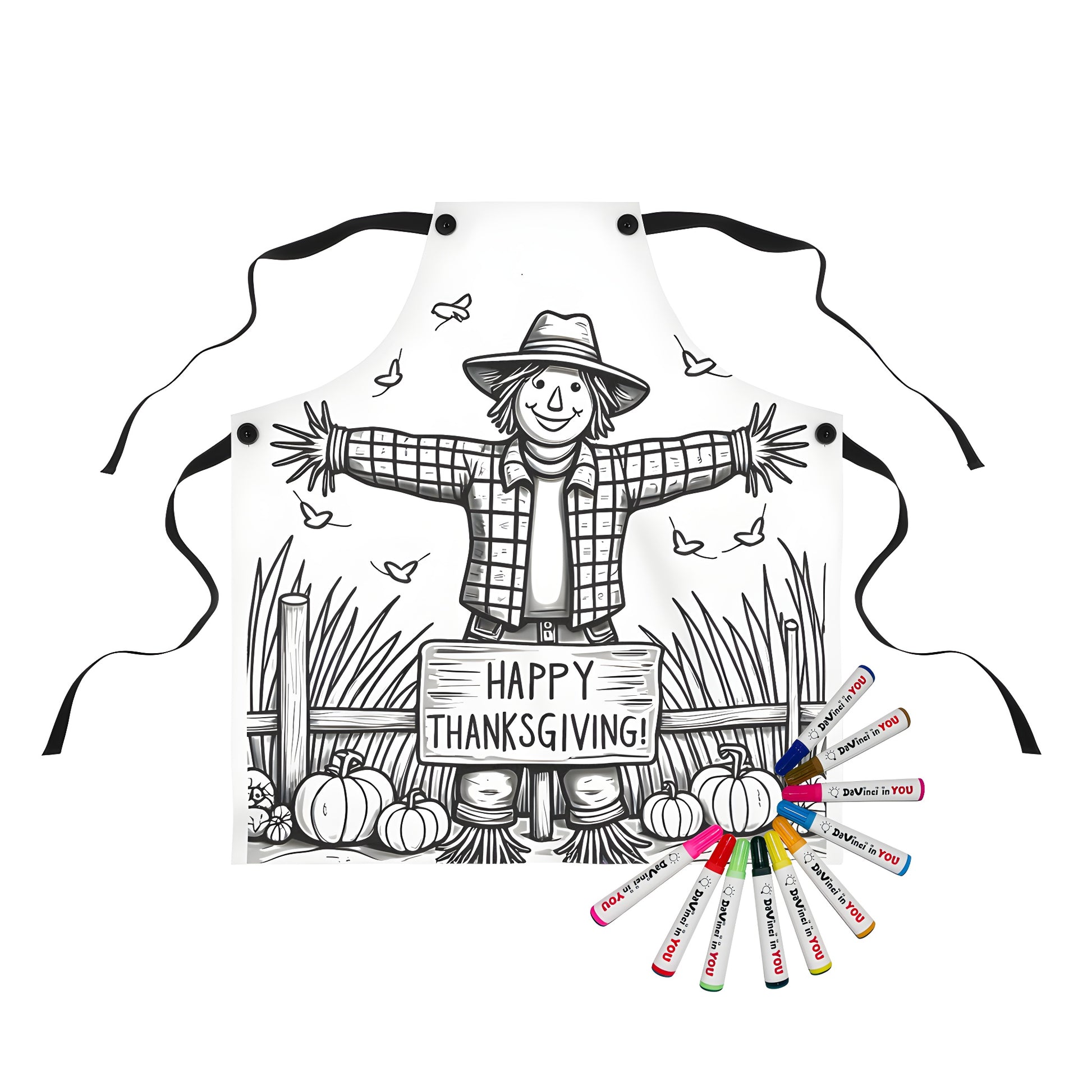Colorful Apron for Thanksgiving dinner with Fall designs, A scarecrow dressed in a hat and plaid shirt stands in a garden setting. It holds a 'Happy Harvest Festival' sign with pumpkins and birds around