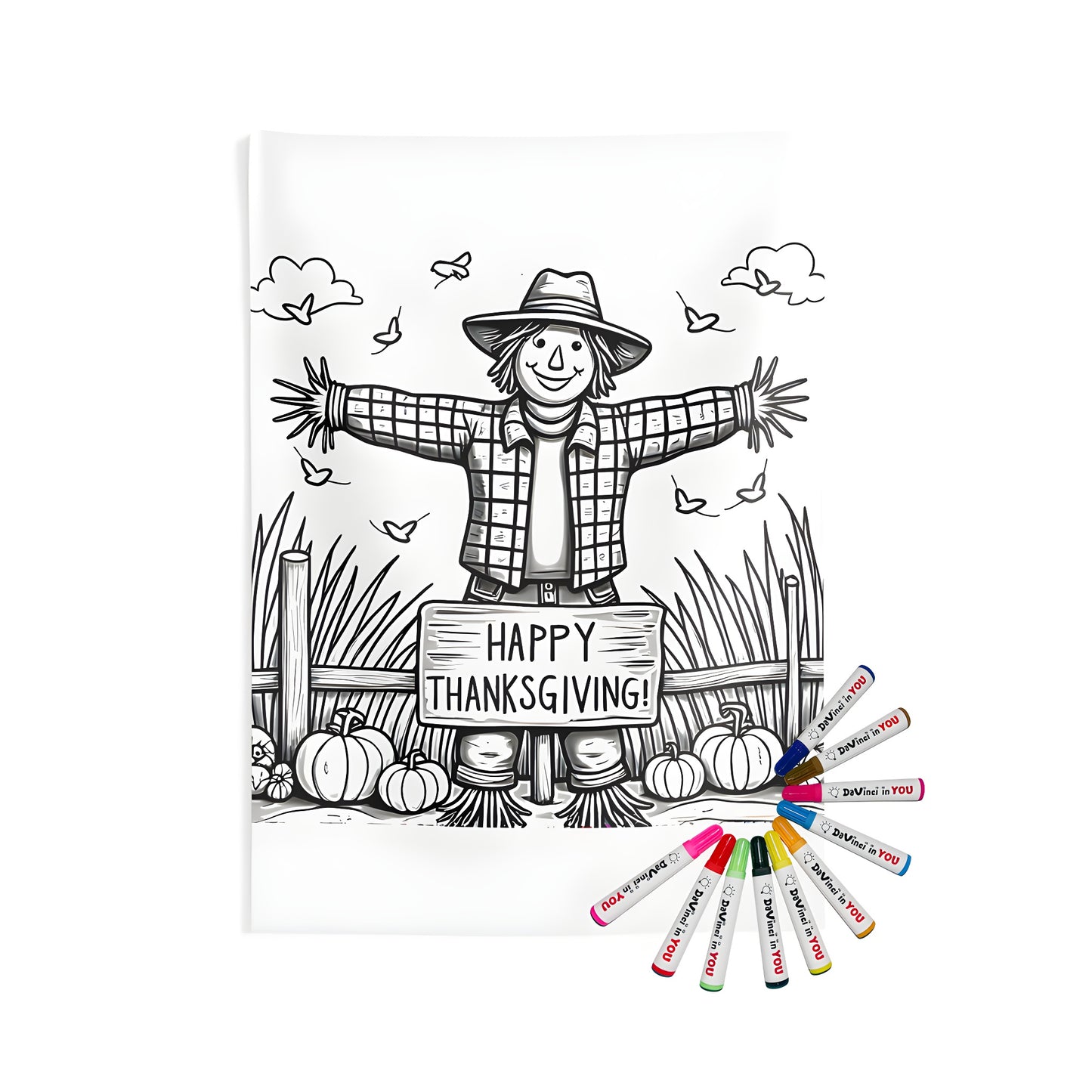 Cozy indoor wall tapestries with autumnal design featuring a scarecrow in garden setting, surrounded by pumpkins and birds. Perfect for fall home decor or harvest-themed rooms.