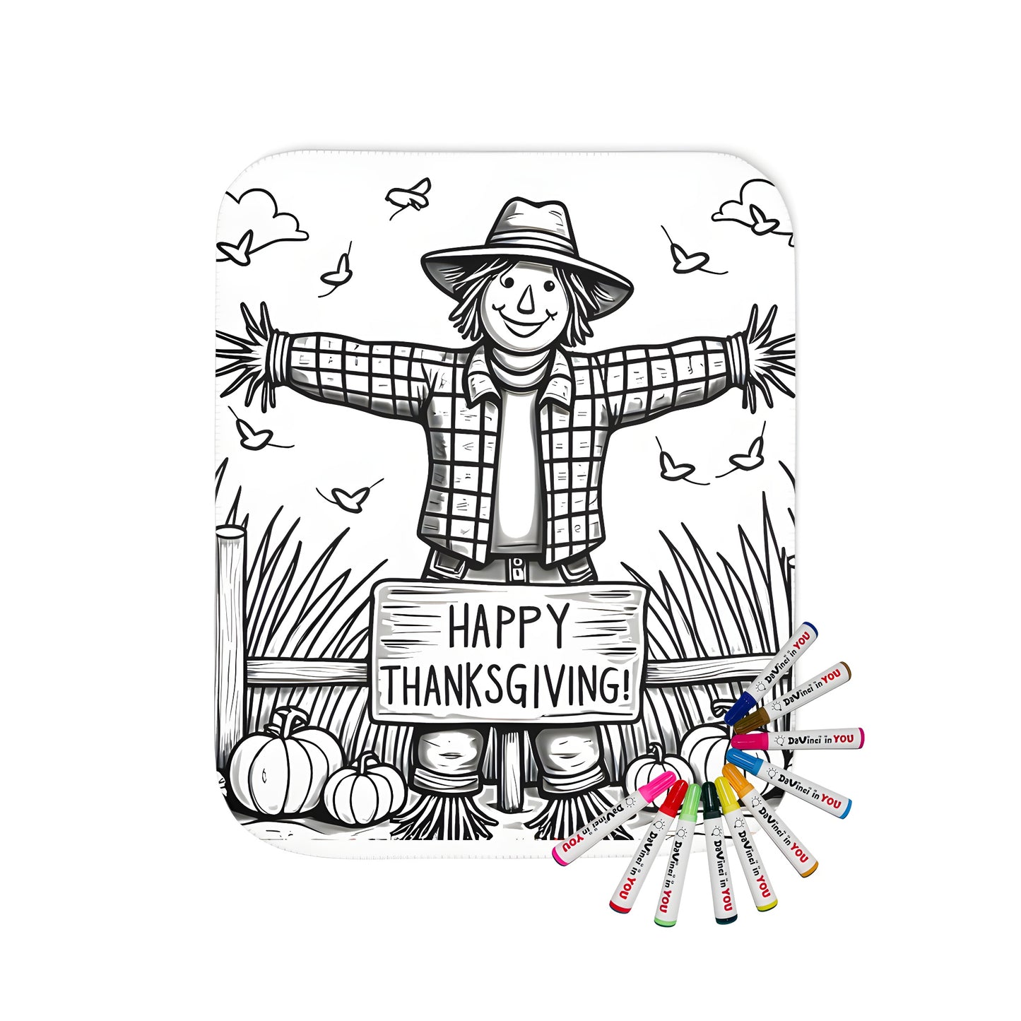 Coloring blanket featuring autumnal scene with scarecrow, pumpkins, and Happy Fall/Happy Harvest theme