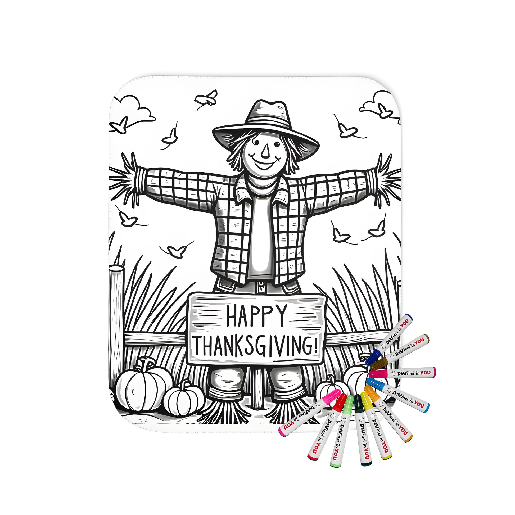 Coloring blanket featuring autumnal scene with scarecrow, pumpkins, and Happy Fall/Happy Harvest theme