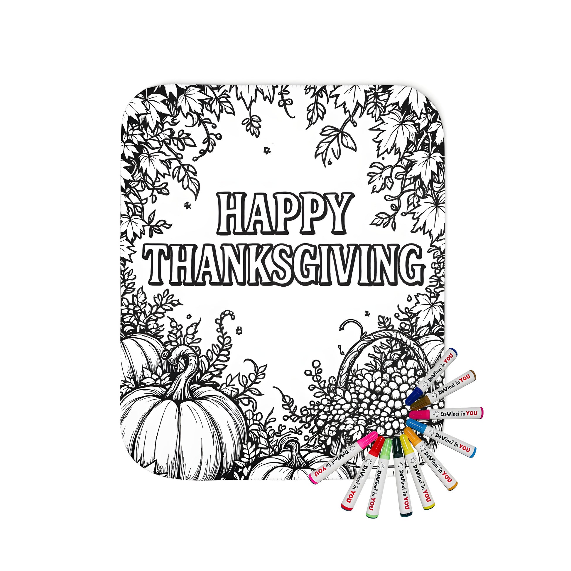 Cozy blanket with vibrant Fall theme featuring gourds, autumn leaves, and a fruit basket, surrounded by autumn foliage and 'Happy Thanksgiving' design