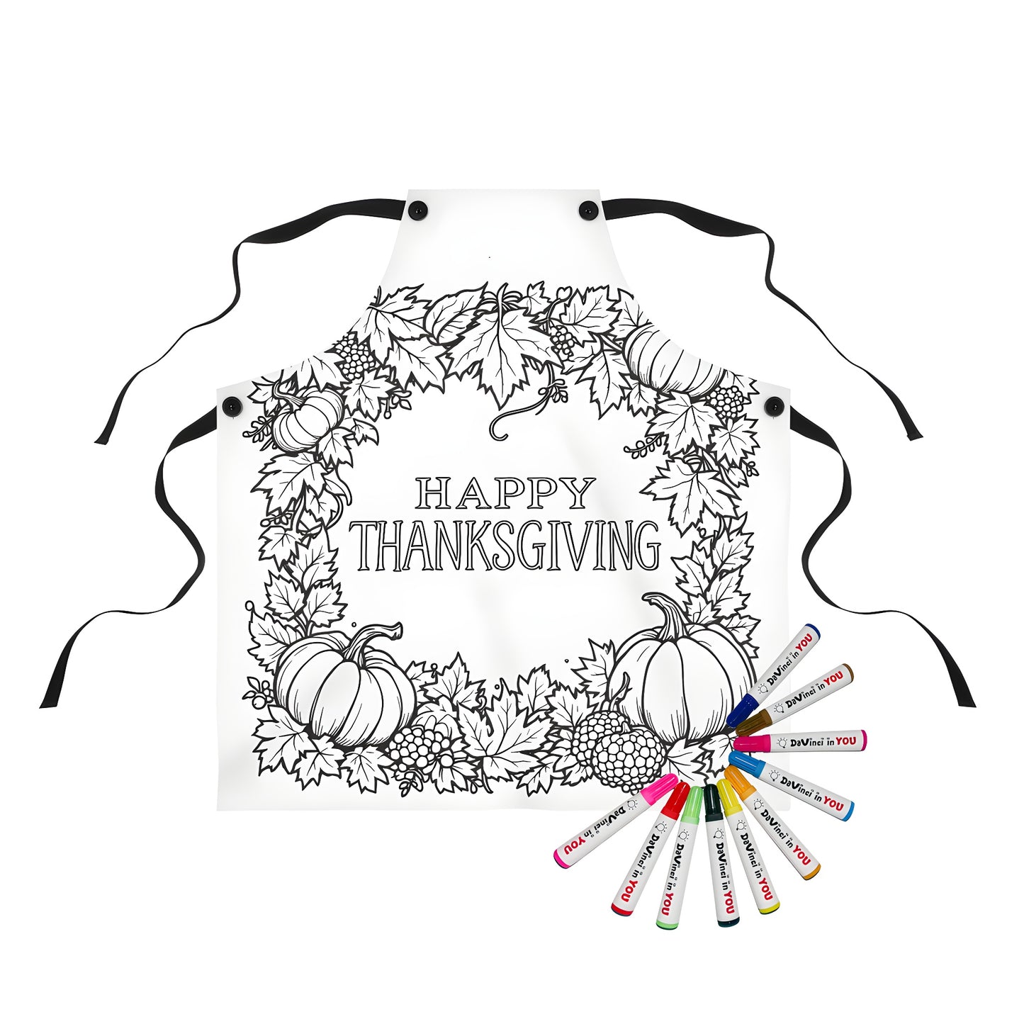 Apron with colorful Thanksgiving-themed design featuring pumpkins and leaves