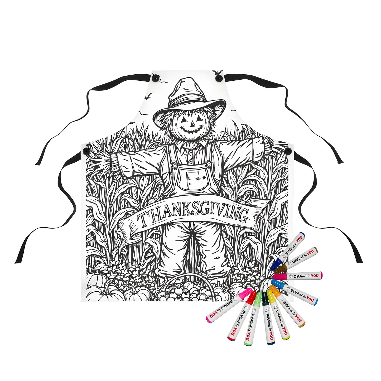 Scarecrow apron with cornfield and pumpkins design, Thanksgiving theme, unique fabric marker coloring kit