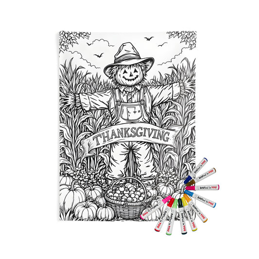 Indoor wall tapestries, fall decor, harvest design, thanksgiving decor, cornfield scene, scarecrow illustration, fabric art, home decor