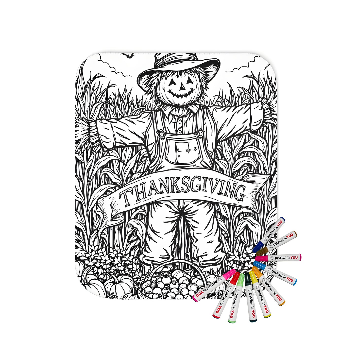 Coloring blanket with a detailed scarecrow illustration, pumpkins, and apples, perfect for Fall and Thanksgiving