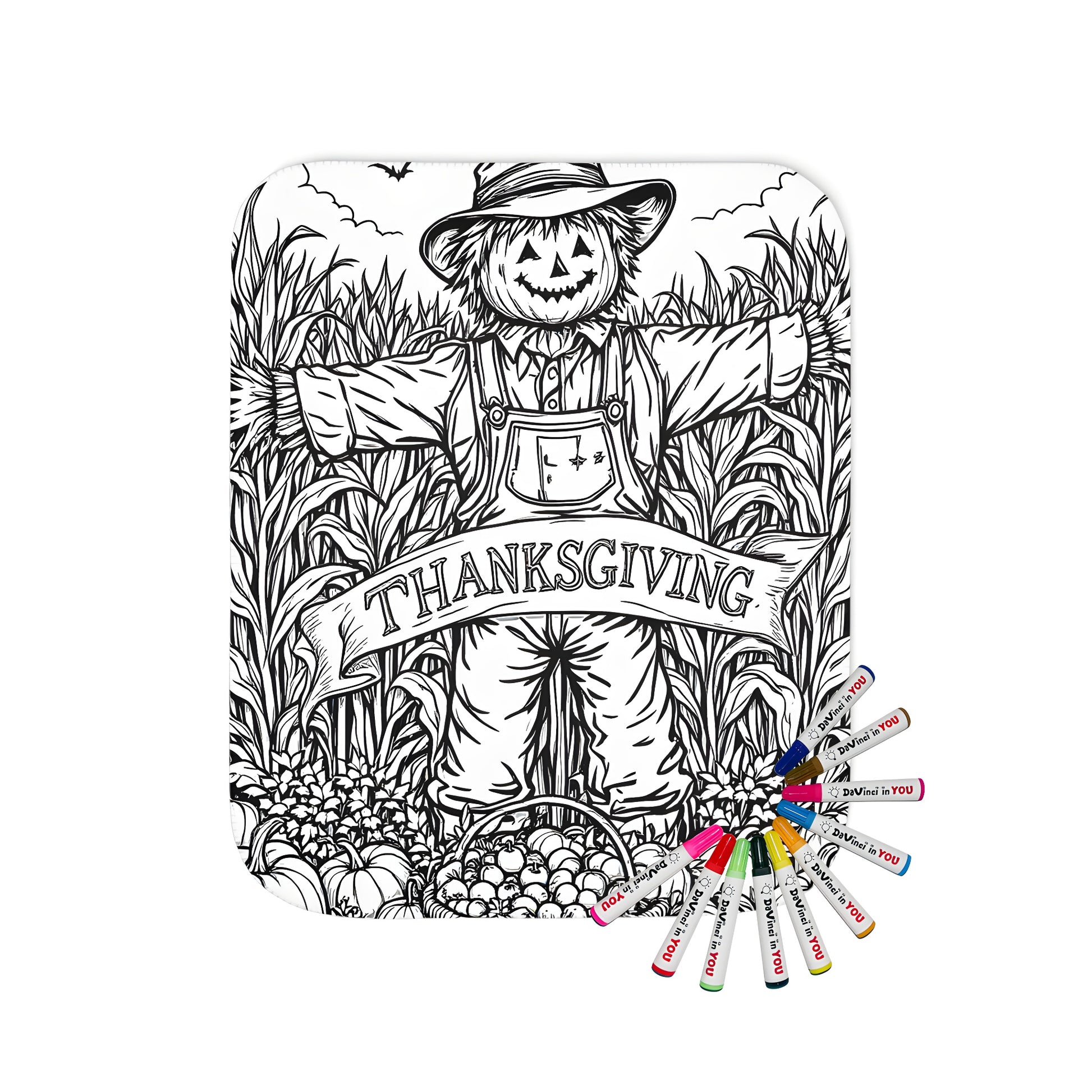 Coloring blanket with a detailed scarecrow illustration, pumpkins, and apples, perfect for Fall and Thanksgiving