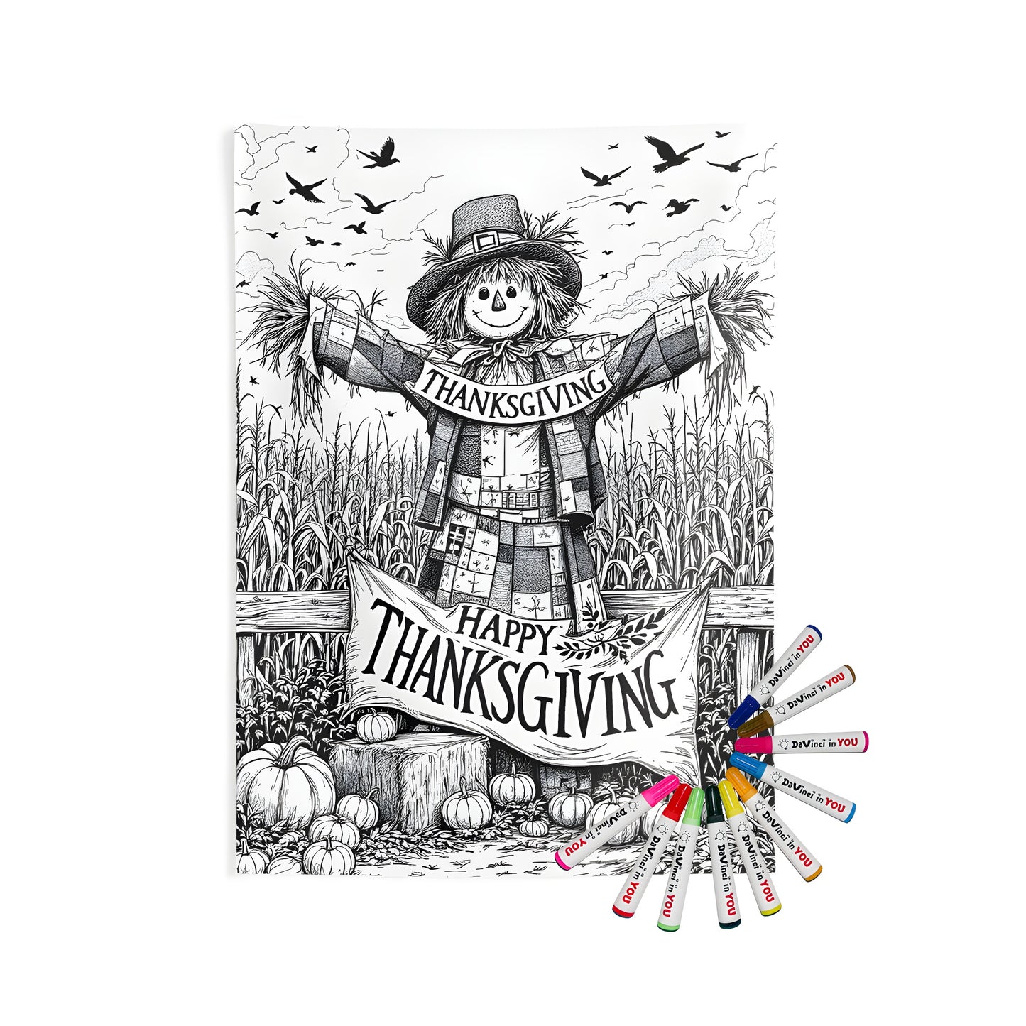 Farmhouse wall tapestry of a scarecrow in a cornfield holding a Thanksgiving banner
