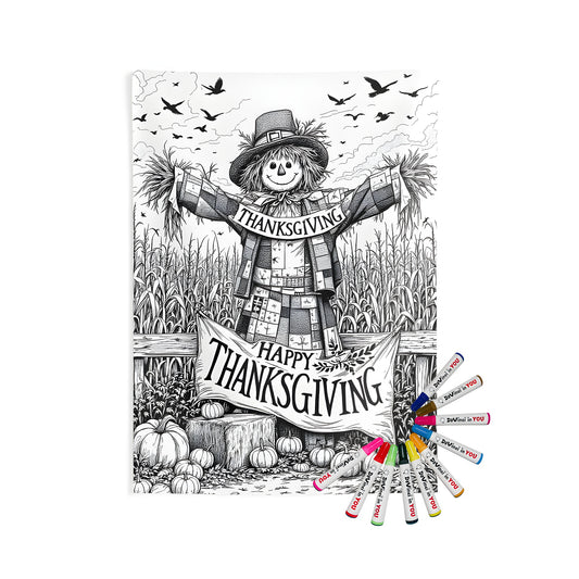 Farmhouse wall tapestry of a scarecrow in a cornfield holding a Thanksgiving banner