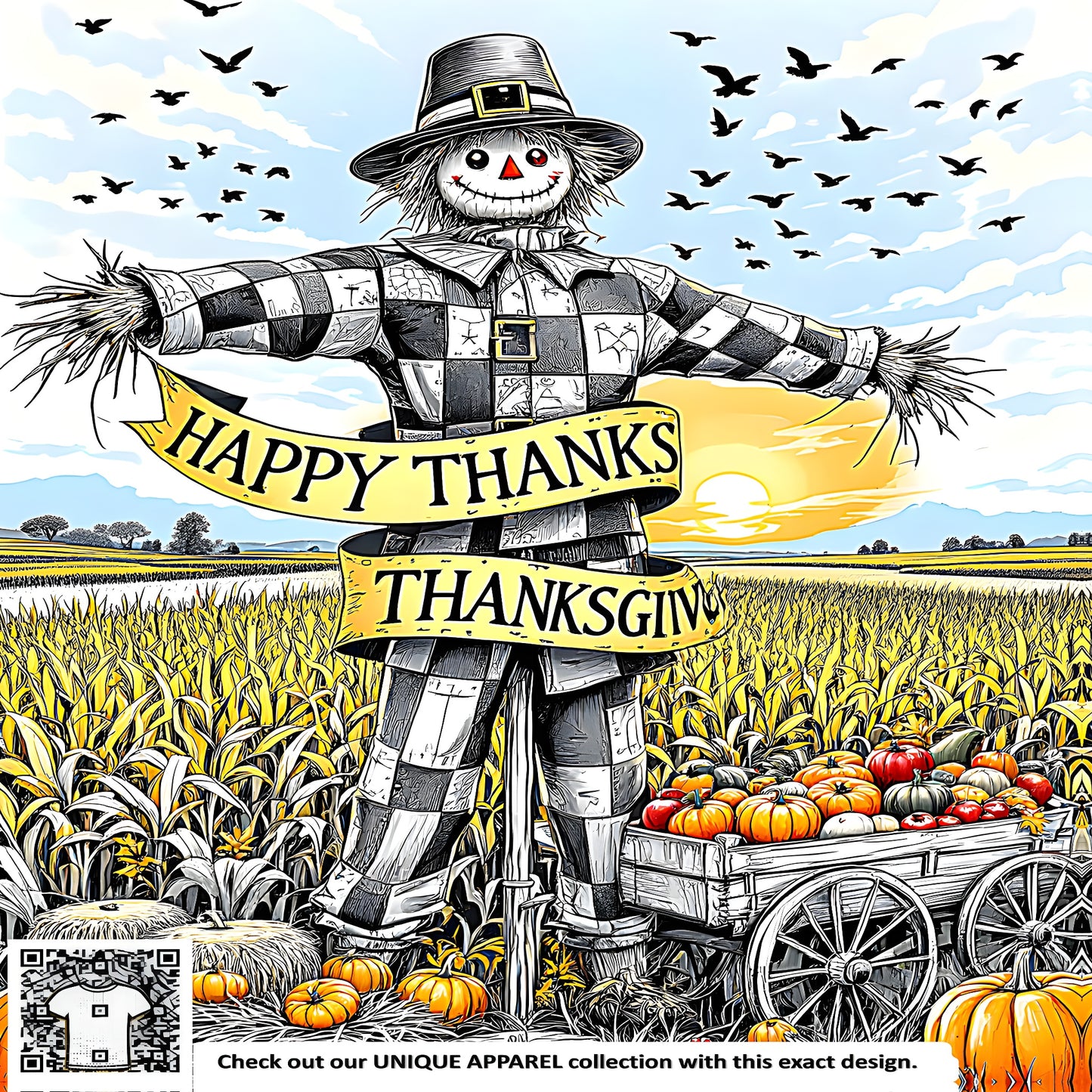 A colorful graphic of a friendly scarecrow or farm figure holding a Happy Thanksgiving banner amidst pumpkins and hay, set against a warm sunrise sky