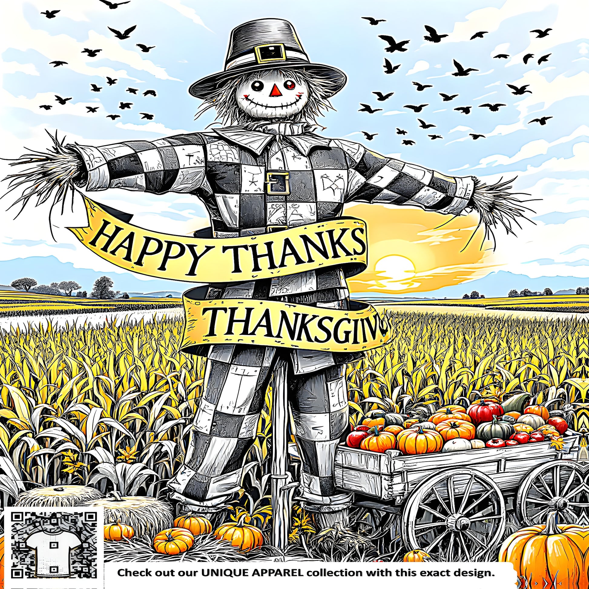 A colorful graphic of a friendly scarecrow or farm figure holding a Happy Thanksgiving banner amidst pumpkins and hay, set against a warm sunrise sky