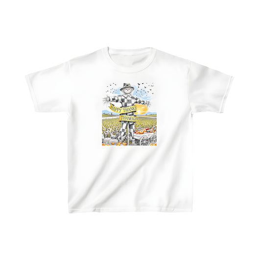 Colorful graphic t-shirt for kids featuring a happy scarecrow, cornfield, pumpkins, and Thanksgiving banner