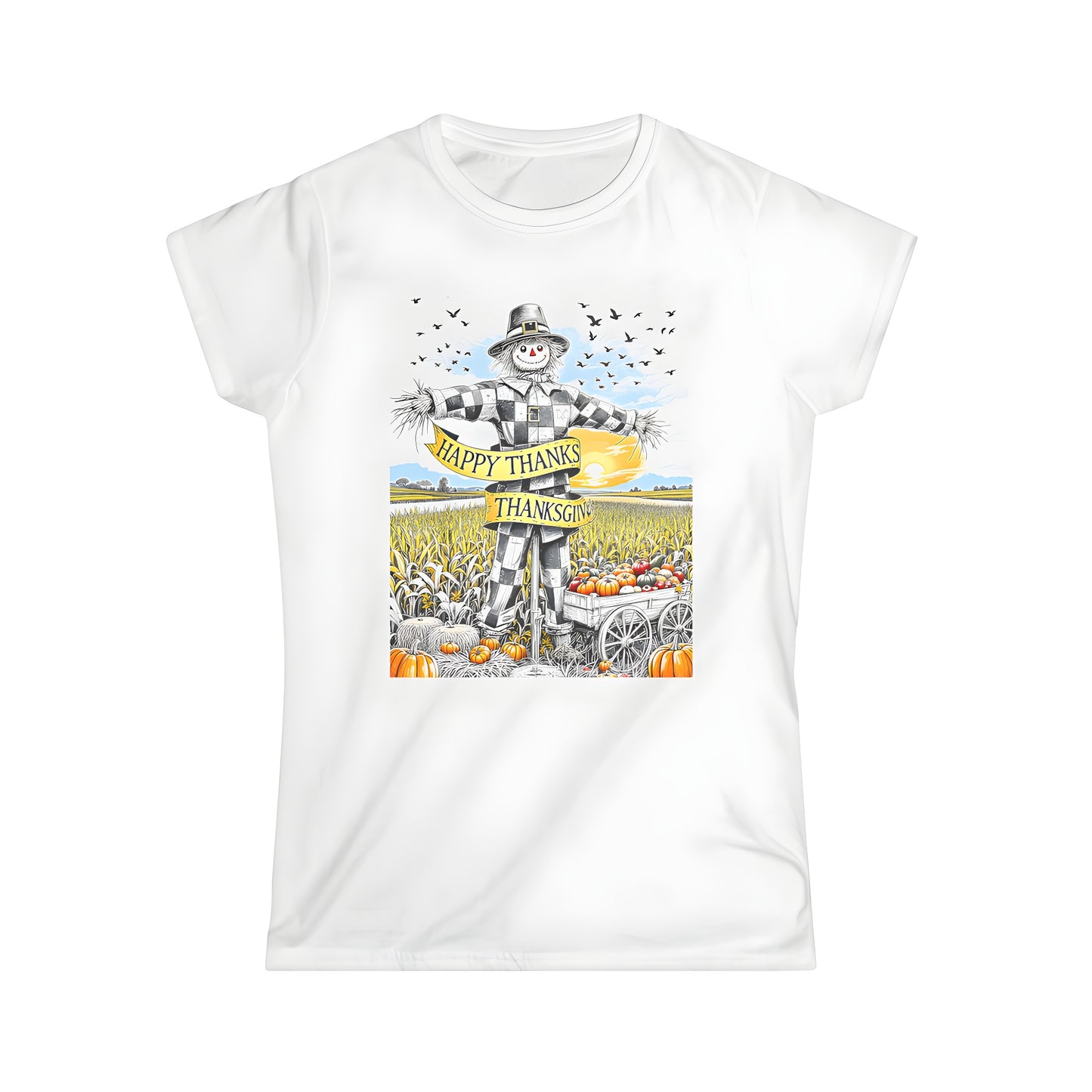 Women's colorful graphic t-shirt with scarecrow design, pumpkins, and happy thanksgiving banner