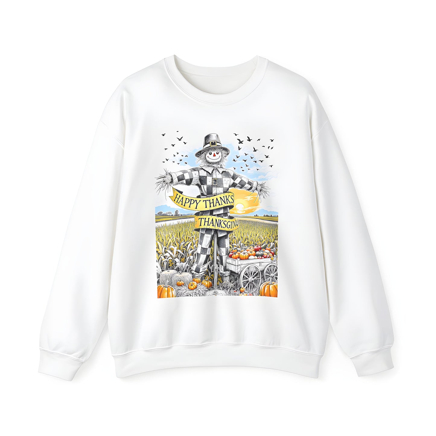 Adult sweatshirt with colorful graphic design of cheerful cornfield character and Happy Thanksgiving banner