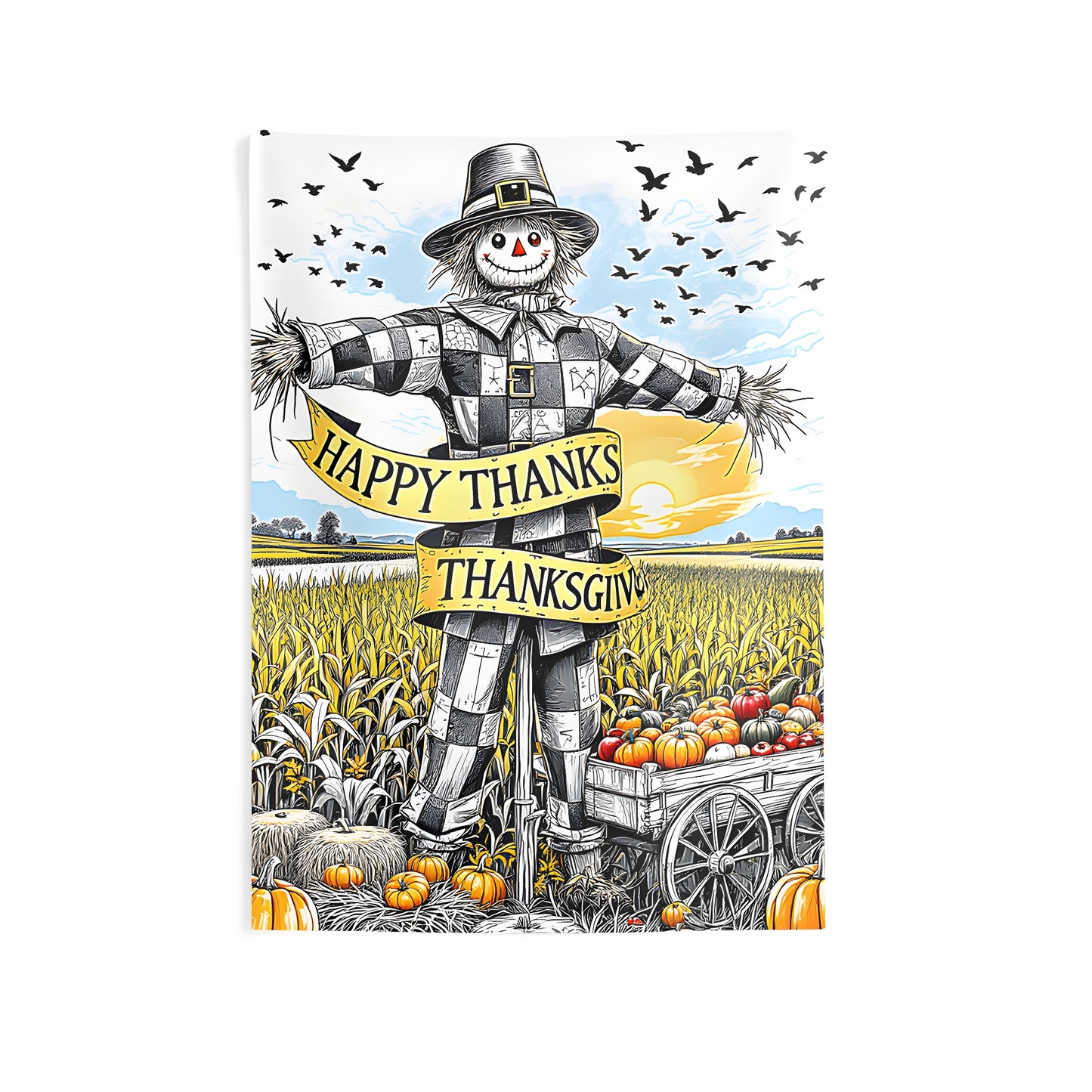 Colorful graphic indoor wall tapestry featuring a cheerful scarecrow, pumpkins, and a 'Happy Thanksgiving' banner in a cornfield