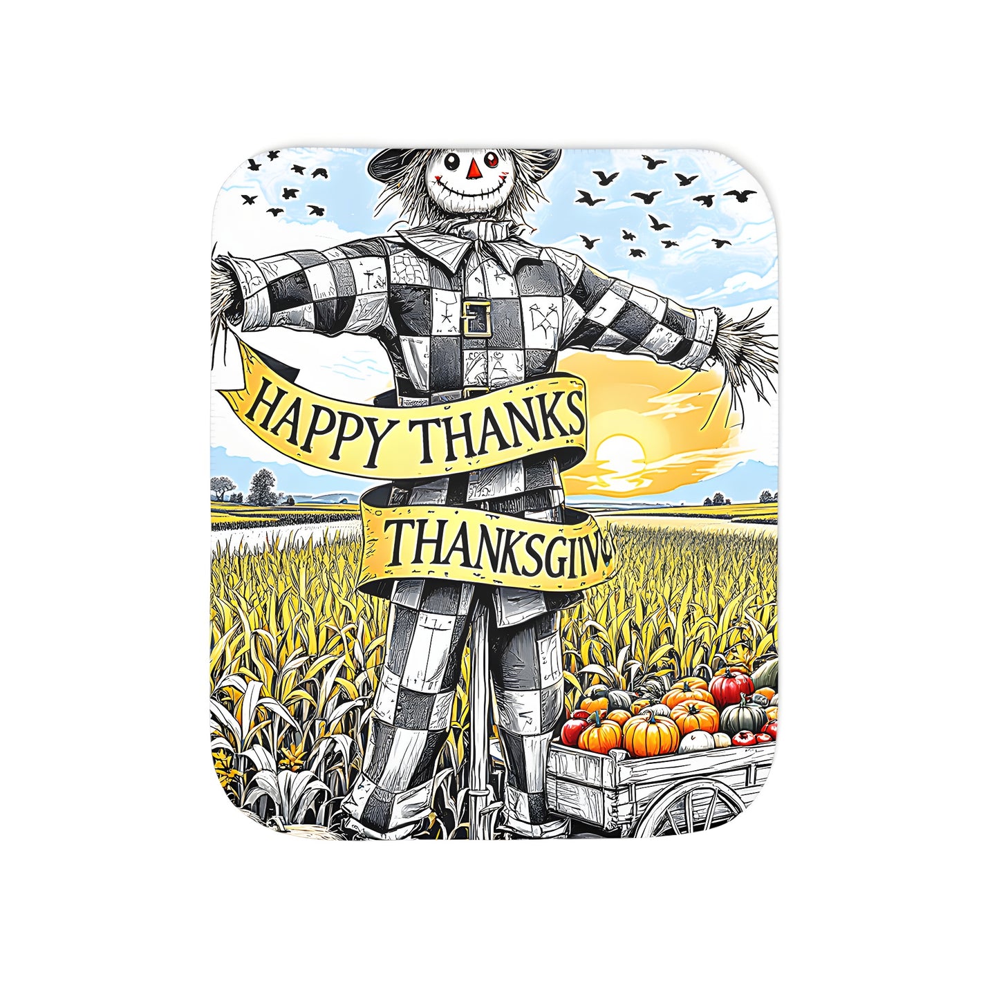 Colorful graphic design blanket with cheerful scarecrow, cornfield, pumpkins and hay