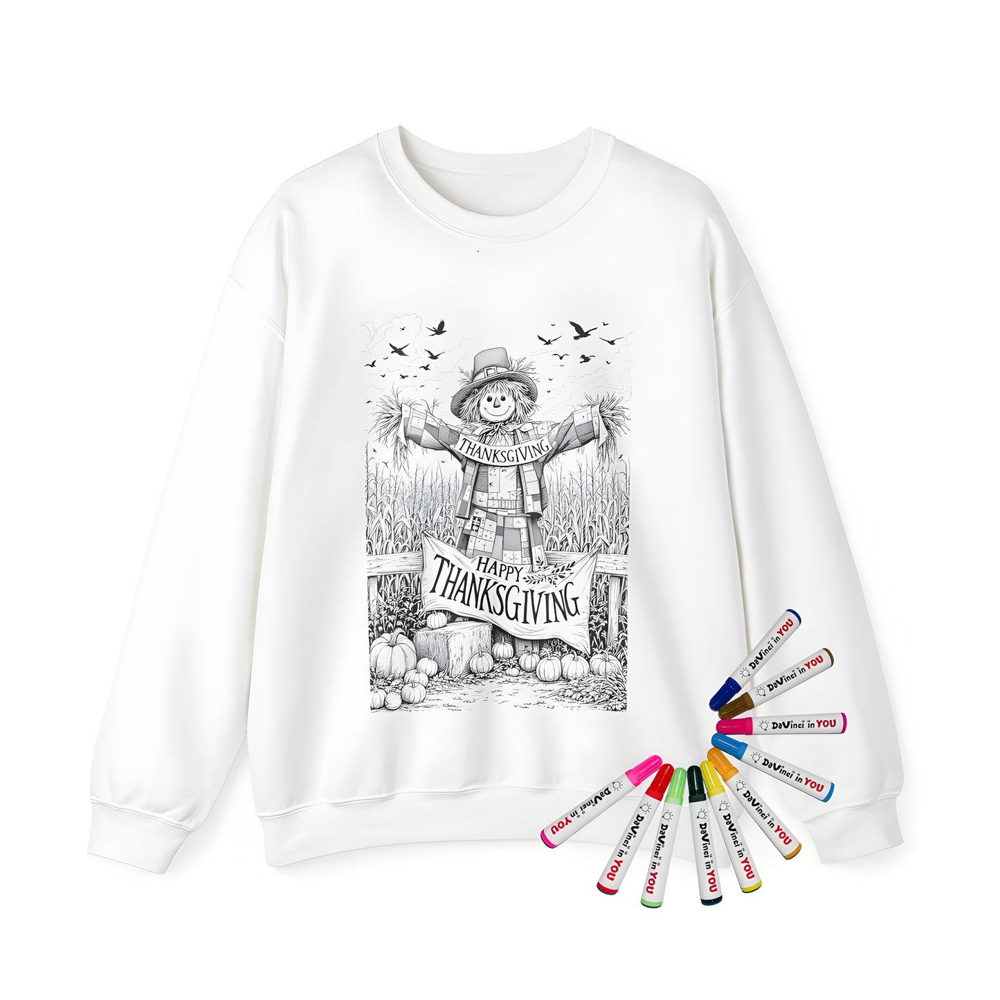 Adult sweatshirt featuring a charming scarecrow design amidst a cornfield scene, holding a Happy Thanksgiving banner, with pumpkins and birds