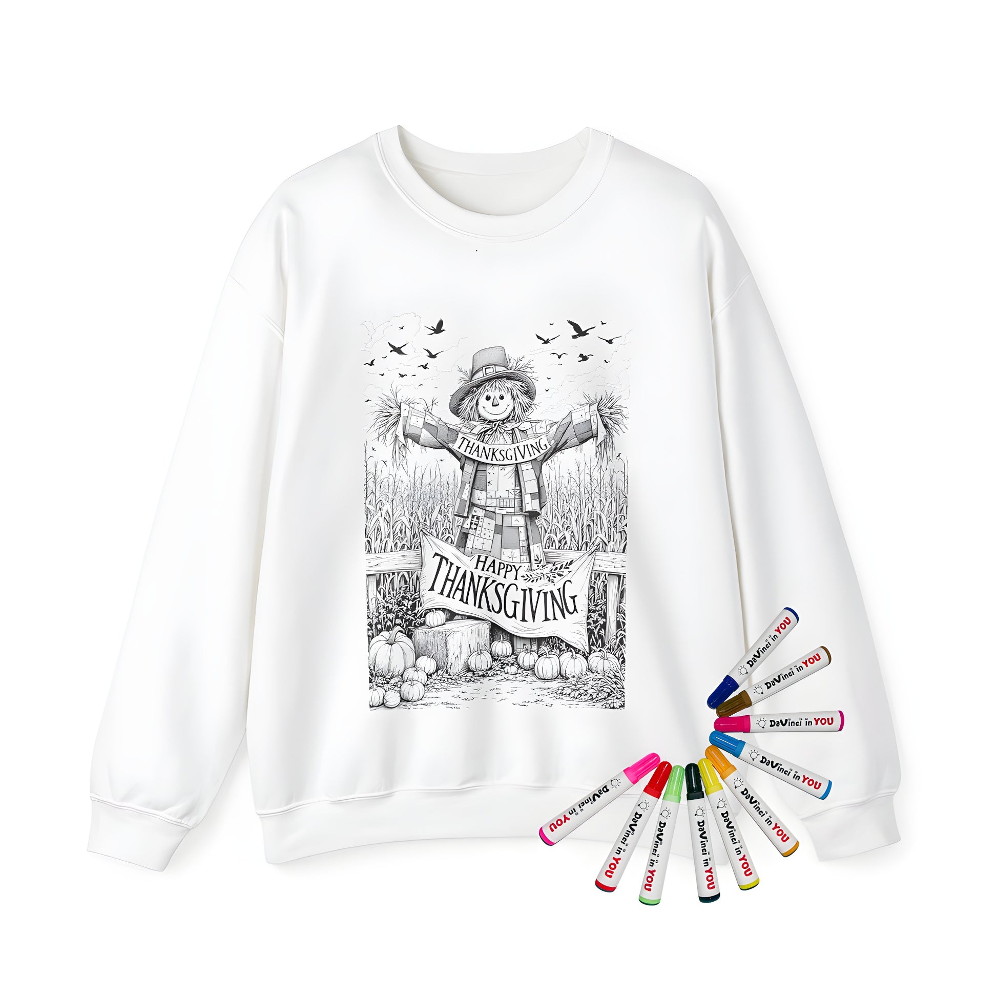 Adult sweatshirt featuring a charming scarecrow design amidst a cornfield scene, holding a Happy Thanksgiving banner, with pumpkins and birds