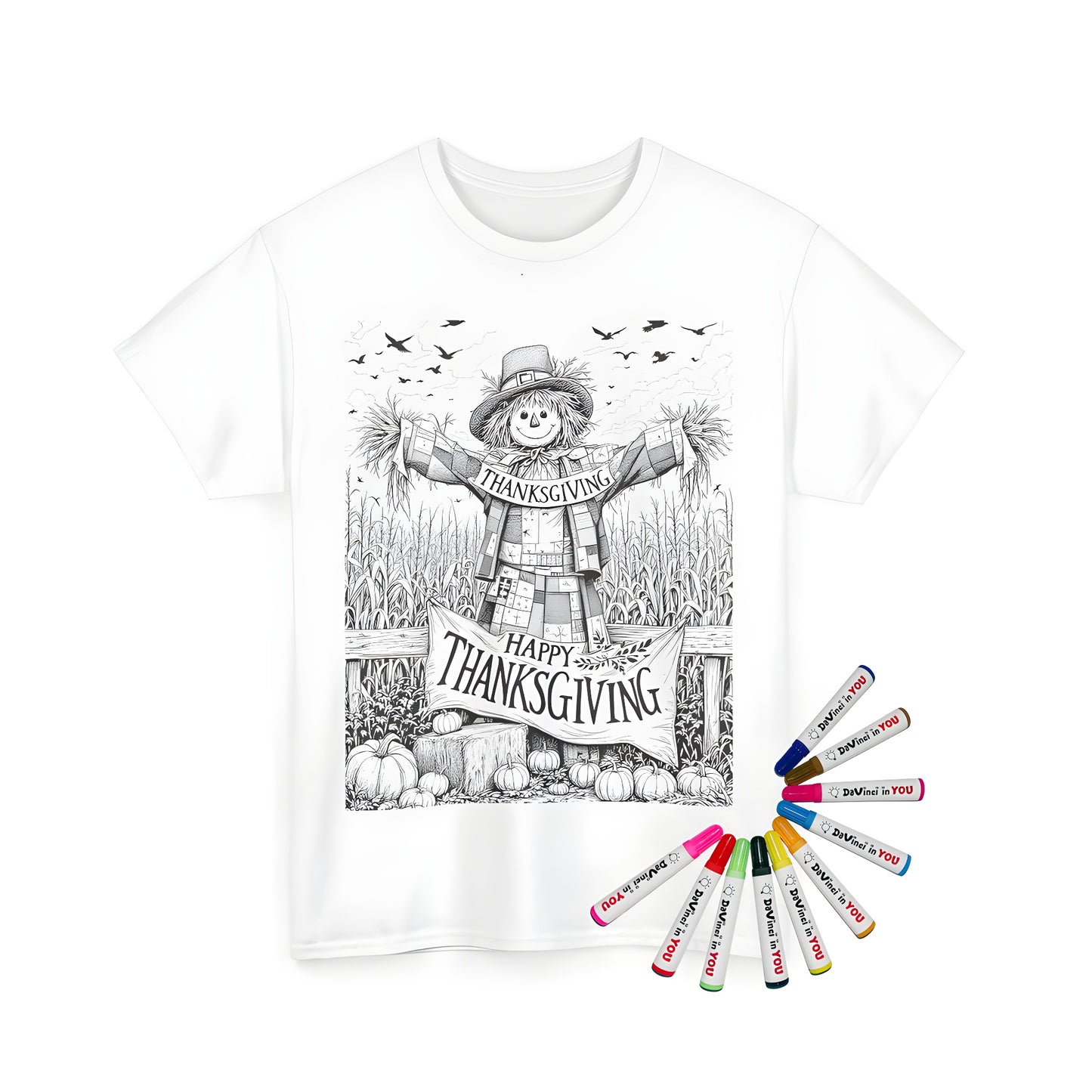 Unisex t-shirt with charming scarecrow design featuring cornfield, pumpkins, and birds. Perfect for fall festivities.