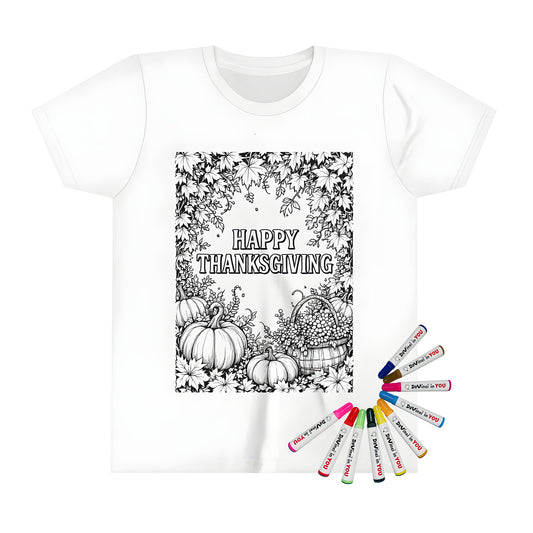 Kid's colorful t-shirt featuring a vibrant fall scene with pumpkins, autumn leaves, and a basket of grapes. Perfect for Thanksgiving