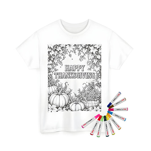 Autumnal unisex t-shirt with colorful pumpkin and harvest design, featuring festive Thanksgiving coloring page