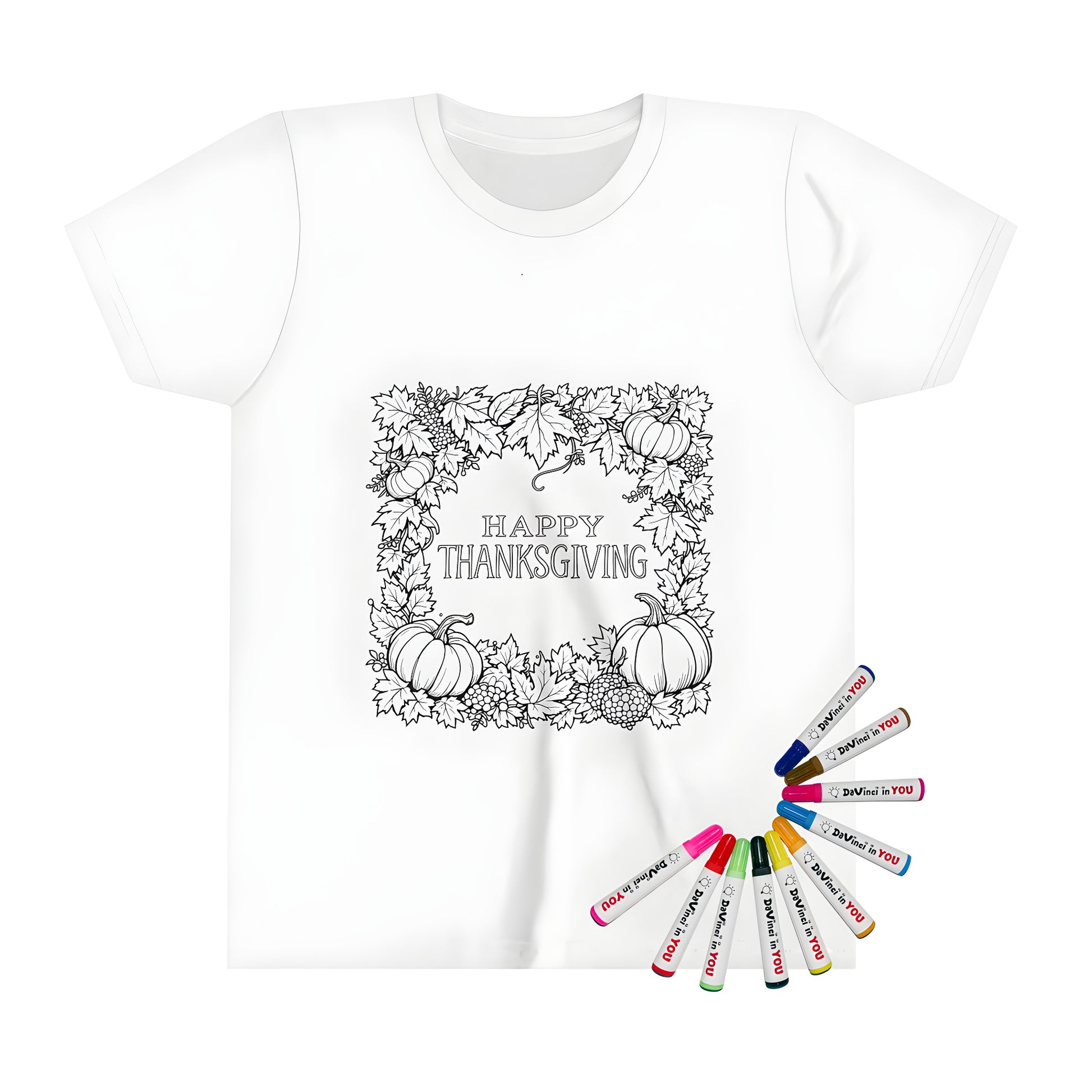 Coloring kit for kids with a kid-friendly t-shirt featuring a Happy Thanksgiving, Autumn Leaves, Fall, Pumpkin border and 'Happy Thanksgiving' design