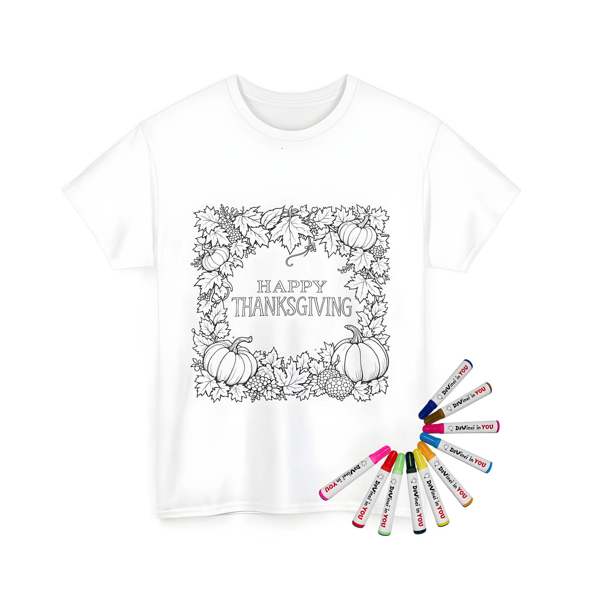 Coloring kit for kids featuring a unisex t-shirt with a thankful border of pumpkins and leaves. Includes fabric markers for creative expression.