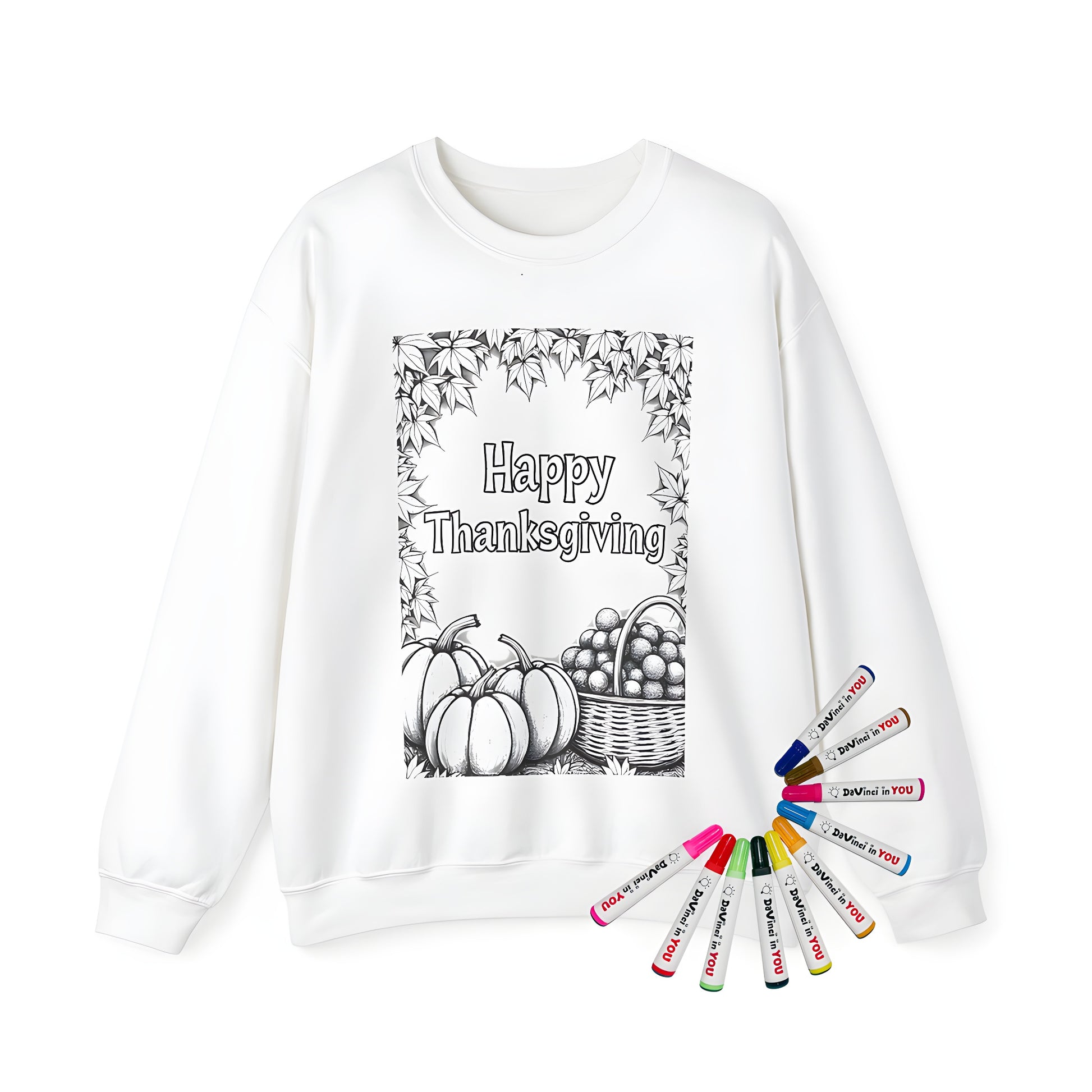 Adult sweatshirt with Black and white illustration featuring pumpkins, a basket of fruits, surrounded by leaves, Happy Fall, Harvest theme