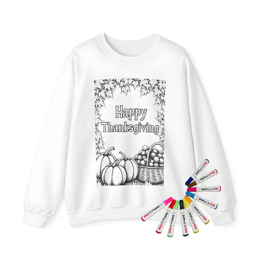 Adult sweatshirt with Black and white illustration featuring pumpkins, a basket of fruits, surrounded by leaves, Happy Fall, Harvest theme