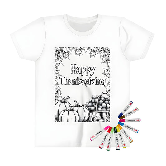 Kid's Fall T-shirt with colorful Thanksgiving designs and fabric markers