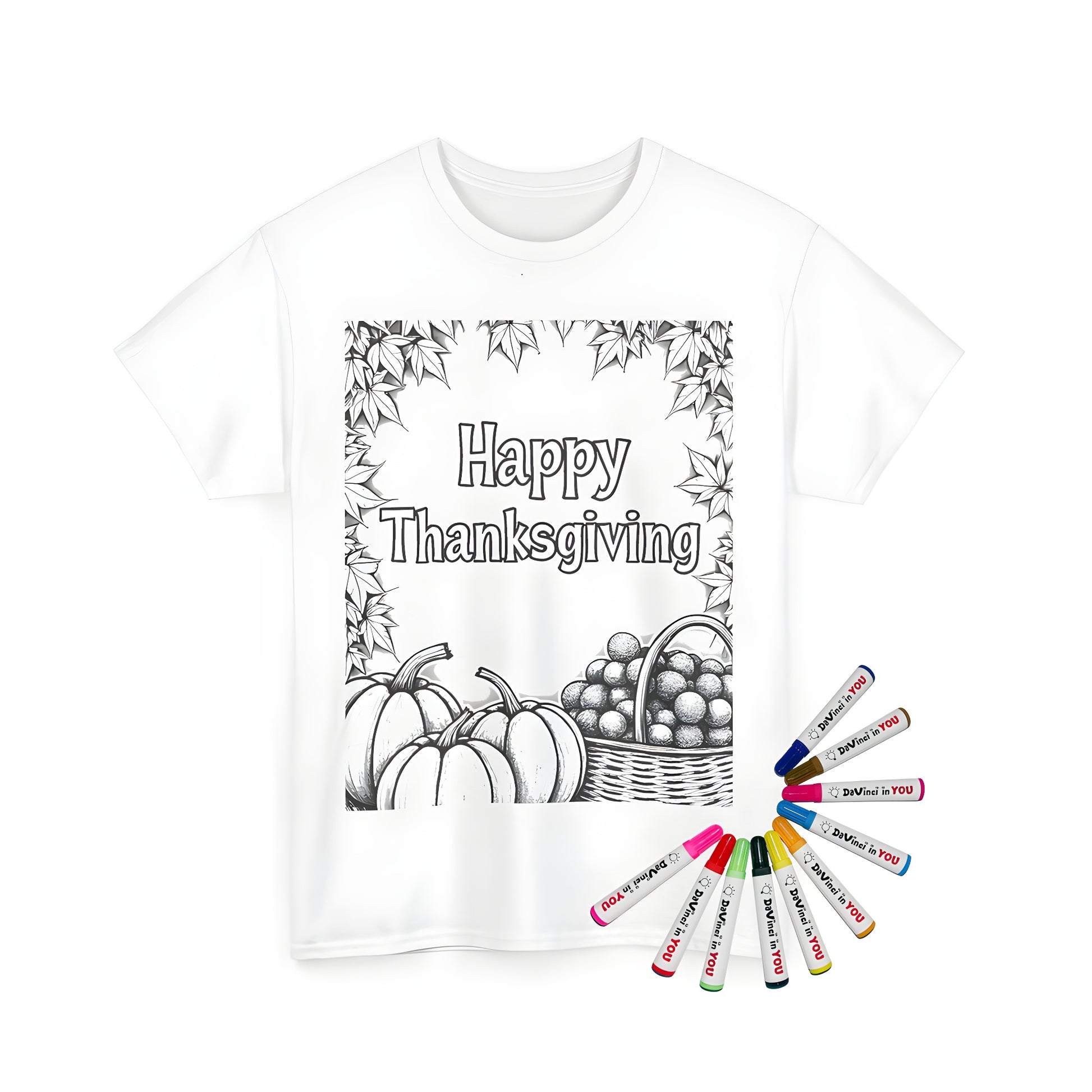 Unisex T-shirt featuring a black and white illustration of pumpkins, fruits, and leaves around 'Happy Thanksgiving' text