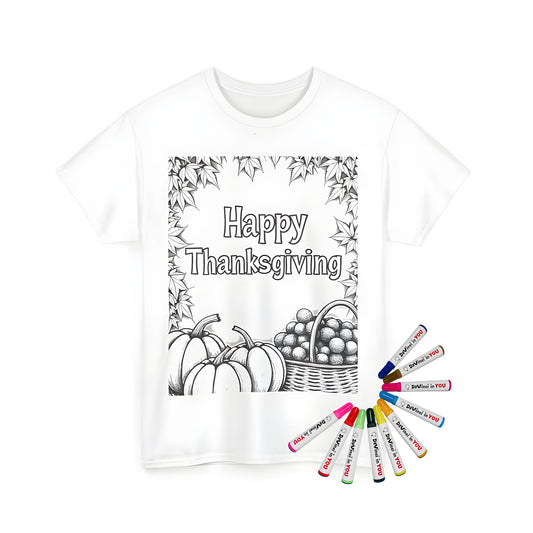 Unisex T-shirt featuring a black and white illustration of pumpkins, fruits, and leaves around 'Happy Thanksgiving' text