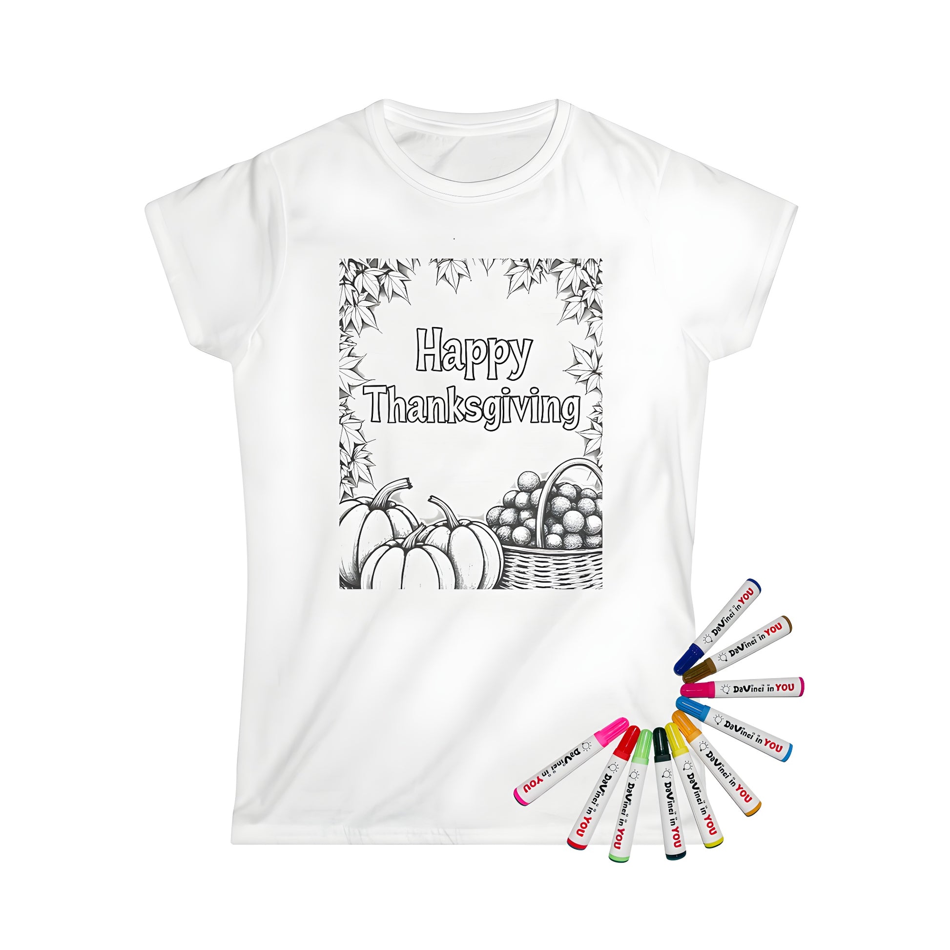 Women's graphic t-shirt featuring a colorful and illustrative design of fall season elements like pumpkins, fruits, and leaves around the Happy Thanksgiving text