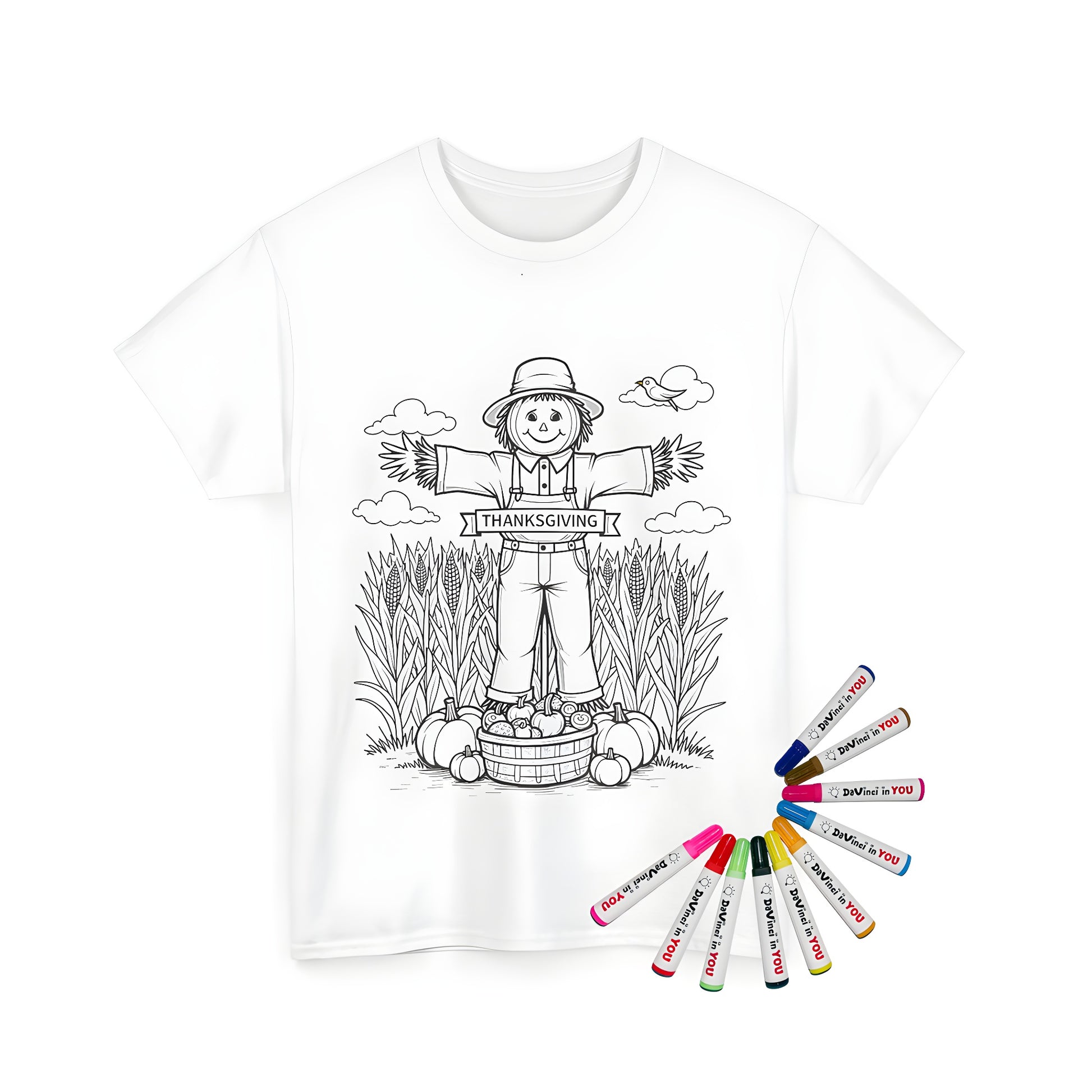 Coloring kit for a unisex t-shirt featuring a scarecrow in a cornfield scene amidst pumpkins and produce, representing harvest and festive thanksgiving spirit