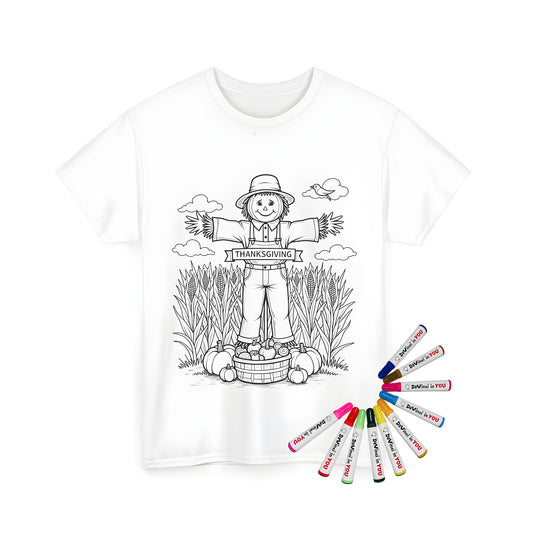 Coloring kit for a unisex t-shirt featuring a scarecrow in a cornfield scene amidst pumpkins and produce, representing harvest and festive thanksgiving spirit
