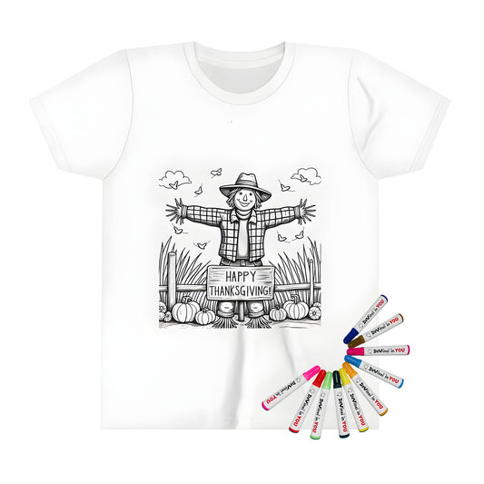 Kid's T-shirt with fun fall coloring page scene of scarecrow, hat, plaid shirt, pumpkins and birds on Happy Thanksgiving Day