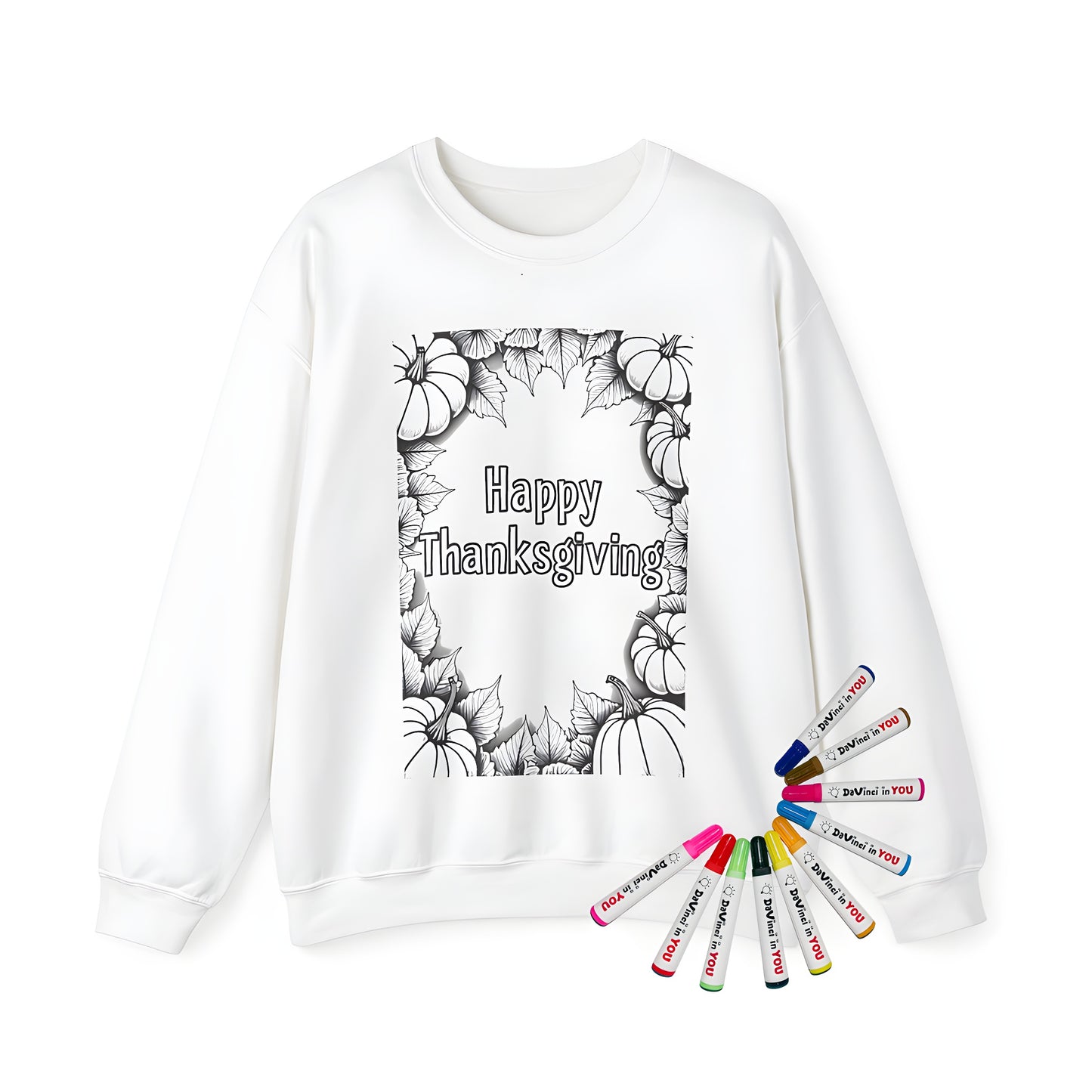 Adult coloring sweatshirt kit with Happy Thanksgiving design and fall theme