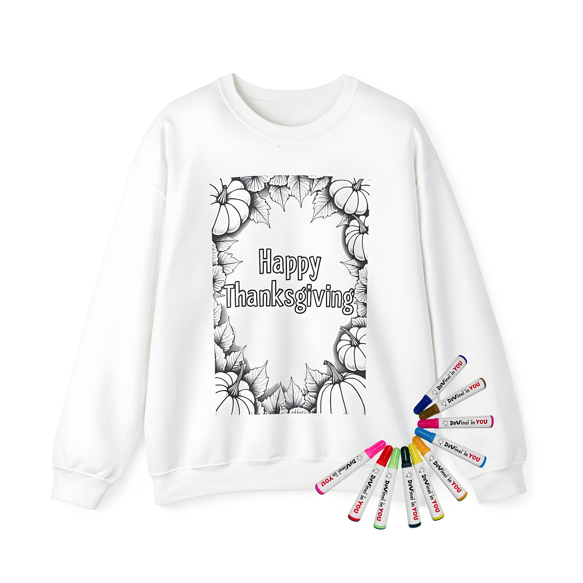 Adult coloring sweatshirt kit with Happy Thanksgiving design and fall theme