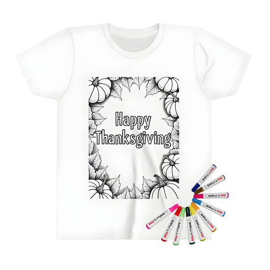 Autumn themed kid's t-shirt with colorful pumpkins and leaves, Happy Harvest Day design