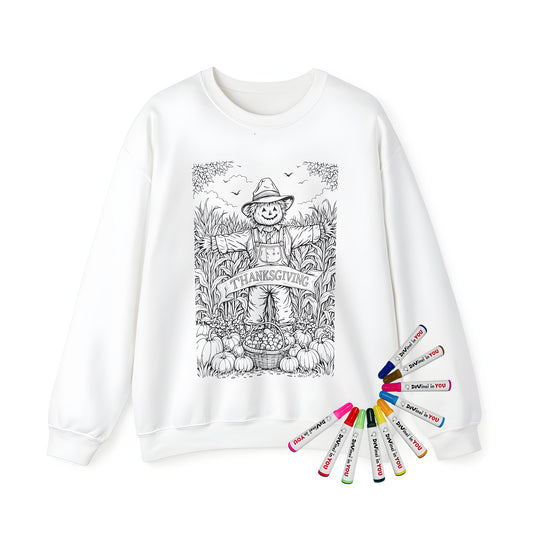 Adult sweatshirt with colorful scarecrow and harvest design, featuring detailed illustrations of pumpkins and apples