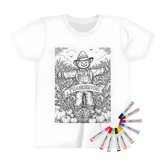 Kid's T-shirt featuring a coloring page design of a scarecrow in a cornfield surrounded by pumpkins and apples, Happy Harvest theme