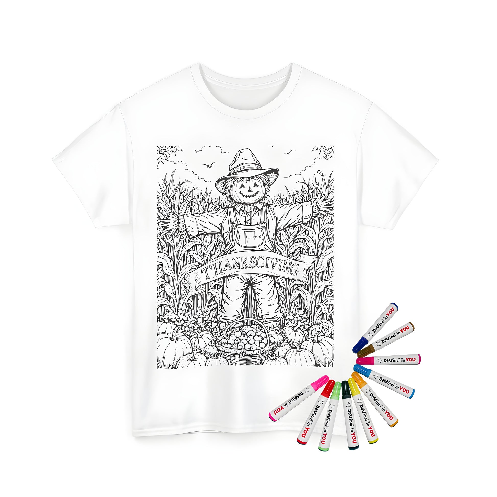 Unisex t-shirt with detailed illustration of scarecrow in cornfield surrounded by pumpkins and apples