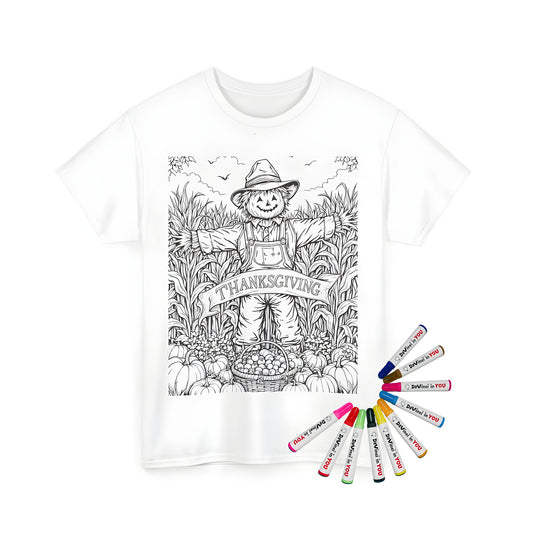 Unisex t-shirt with detailed illustration of scarecrow in cornfield surrounded by pumpkins and apples