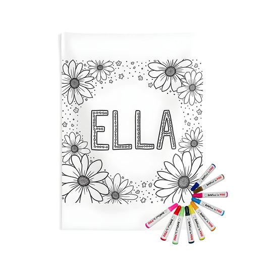 Indoor wall tapestries coloring kit with floral artwork featuring daisies and ELLA's name, surrounded by dots and stars