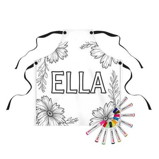 Coloring apron featuring black and white illustration of ELLA's name surrounded by flowers and leaves for adult coloring