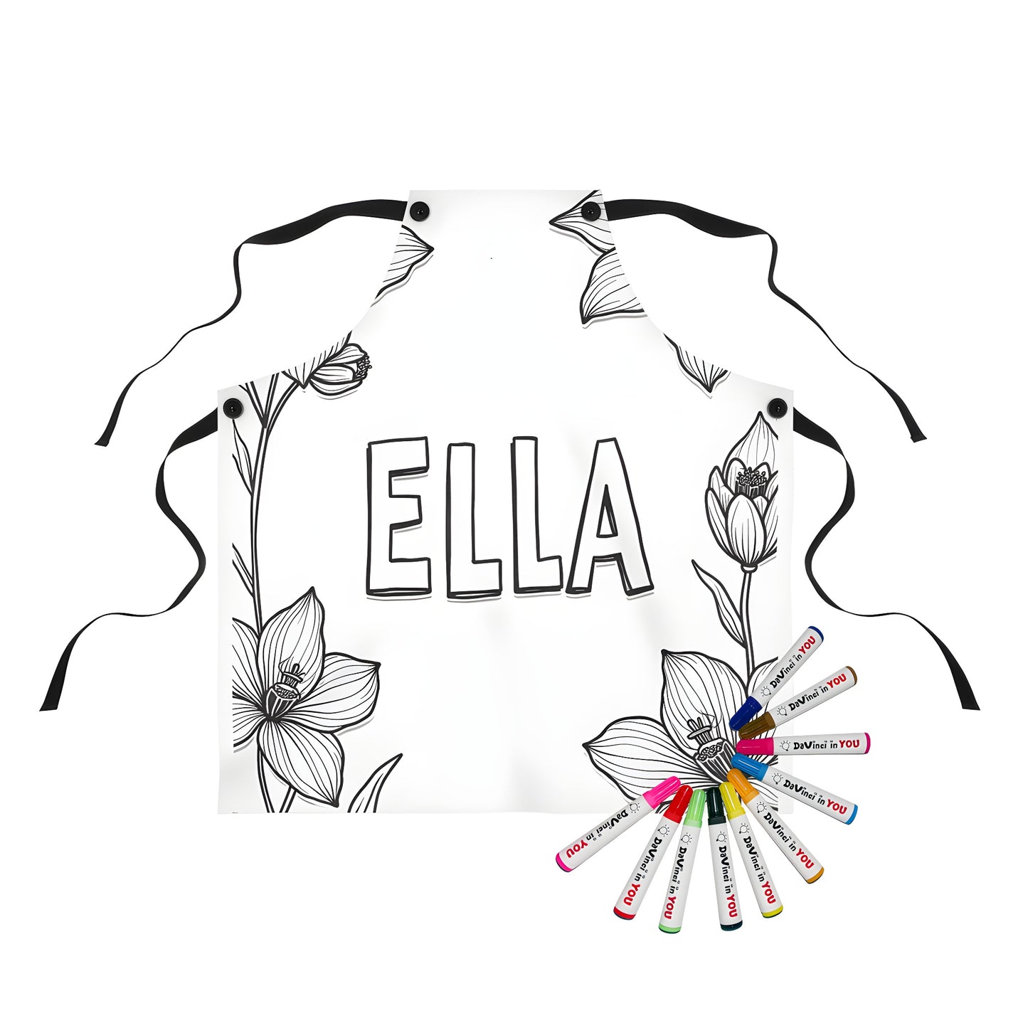Coloring apron featuring an outlined flower design with 'ELLA' text