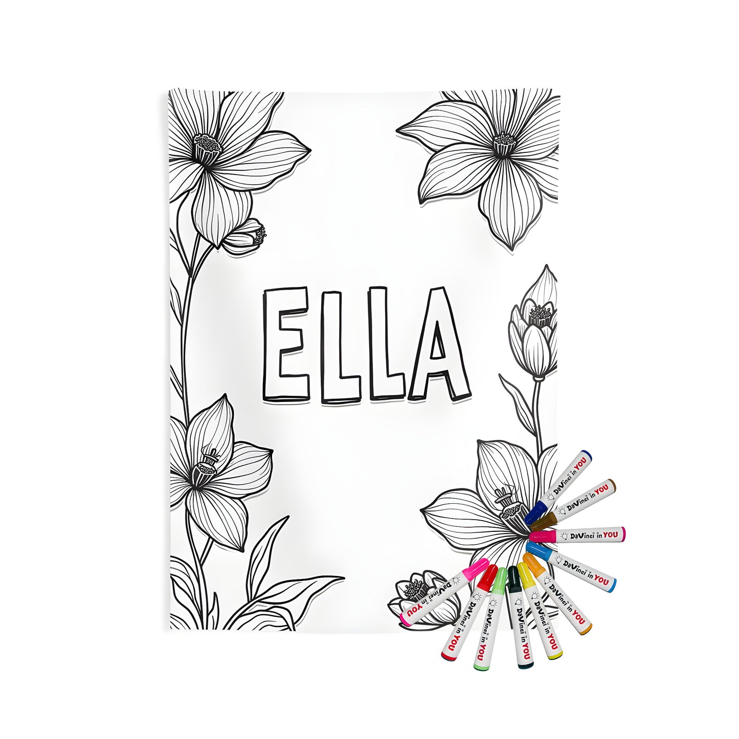 Decorative wall tapestry featuring colorful outlined flowers and typography